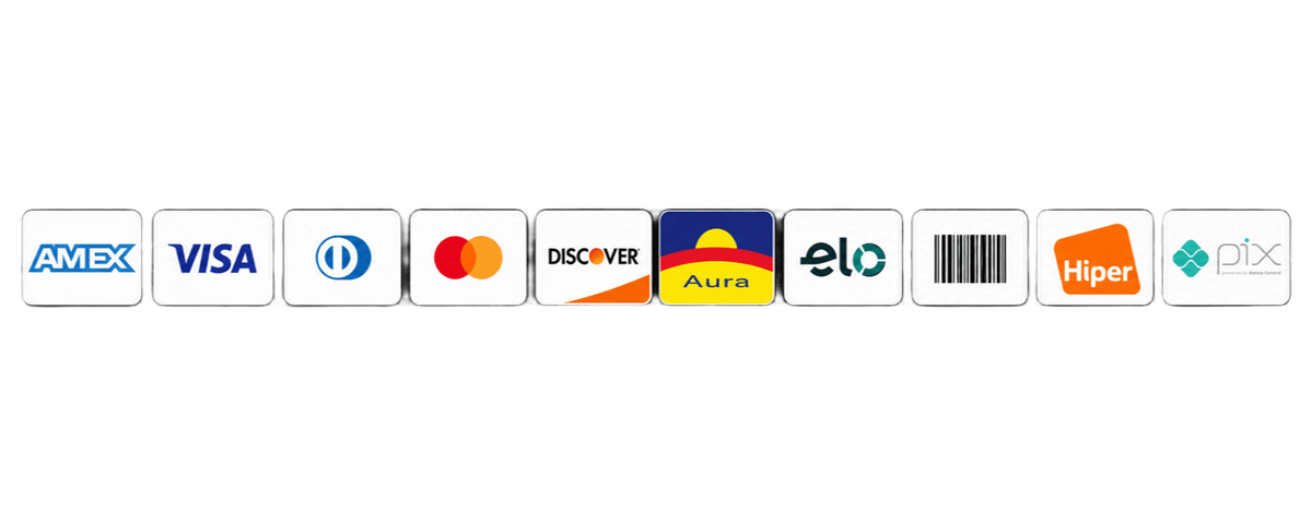 Formas de pagamento: Amex, Visa, Diners, Mastercard, Discover, Aura, Elo, Boleto, Hiper, Pix