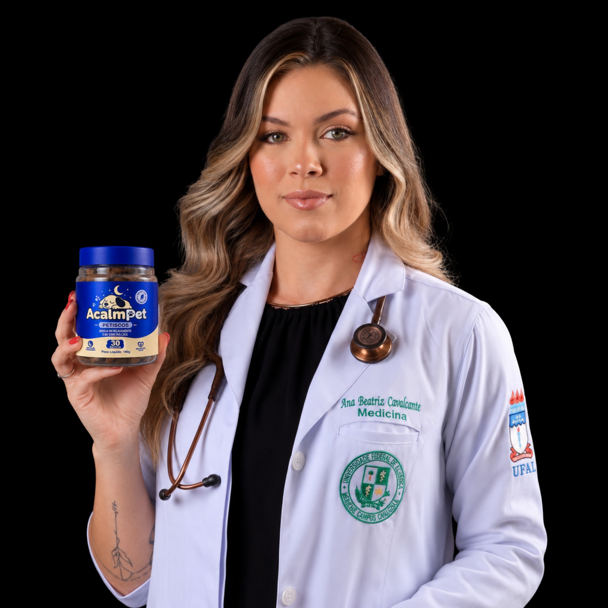 Ana Julia, médica veterinária CRMV-SP 77765, segurando o pote de AcalmPet